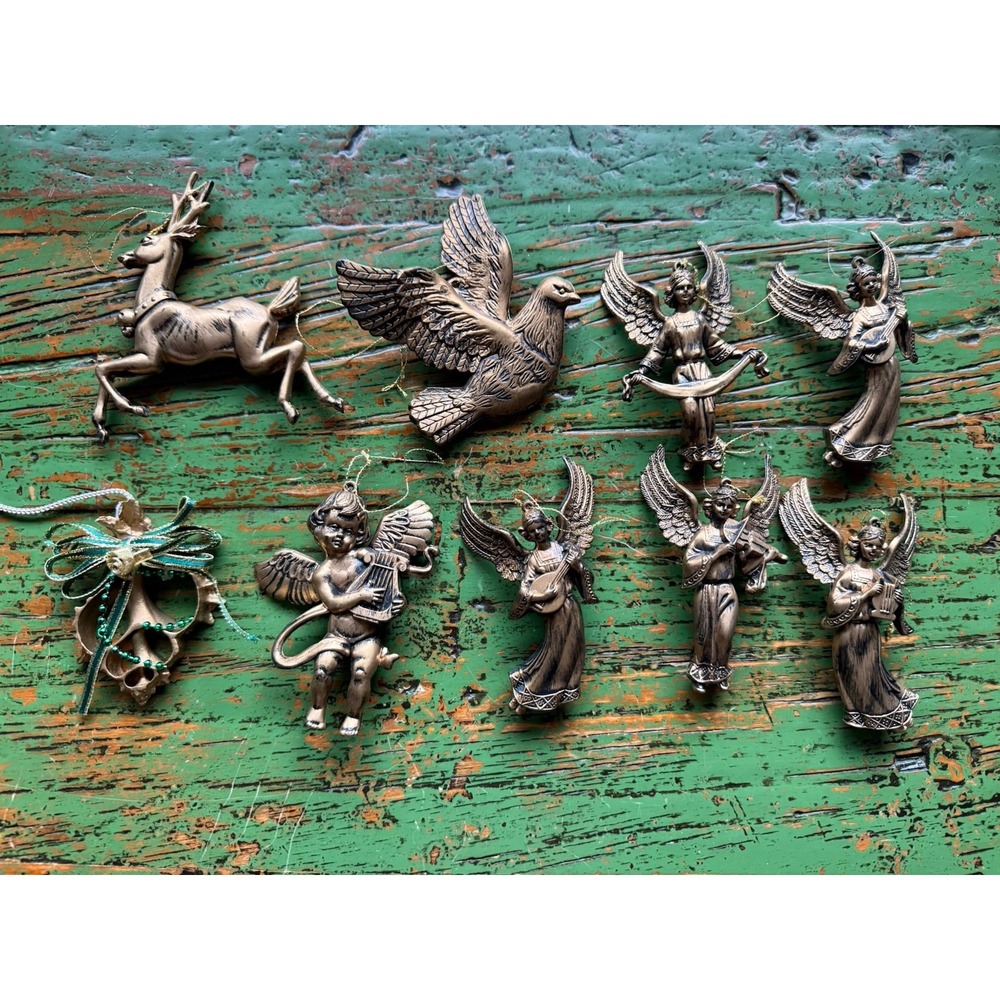 Vintage Christmas Ornaments Gold Tone Plastic Cherubs, Angels, Deer
